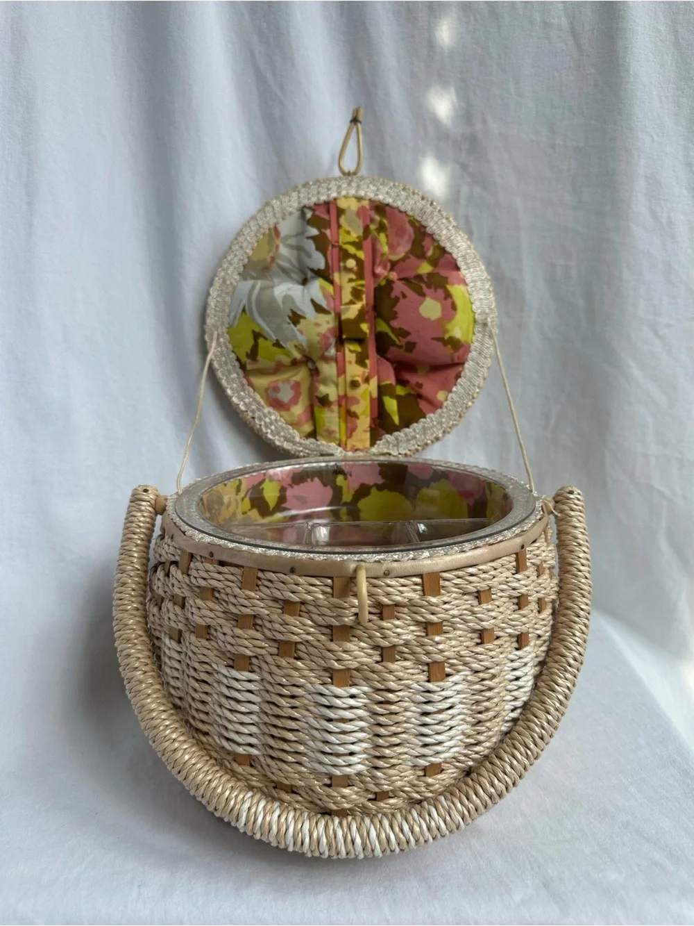Vintage 1960s Woven Sewing Basket / Sewing Box Made in Japan | Floral Lining